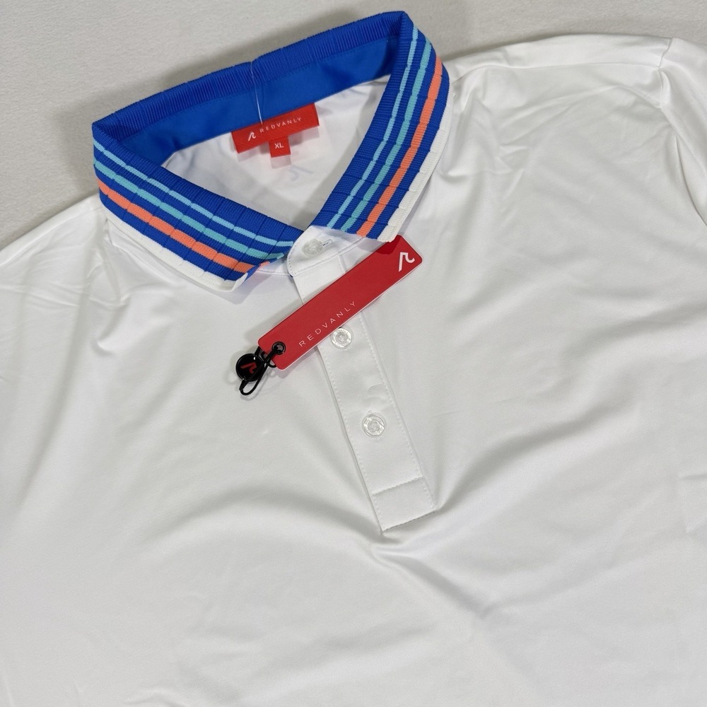 NWT Redvanly Men's XL White‎ Mael Short Sleeve Golf Polo Shirt Striped Collar